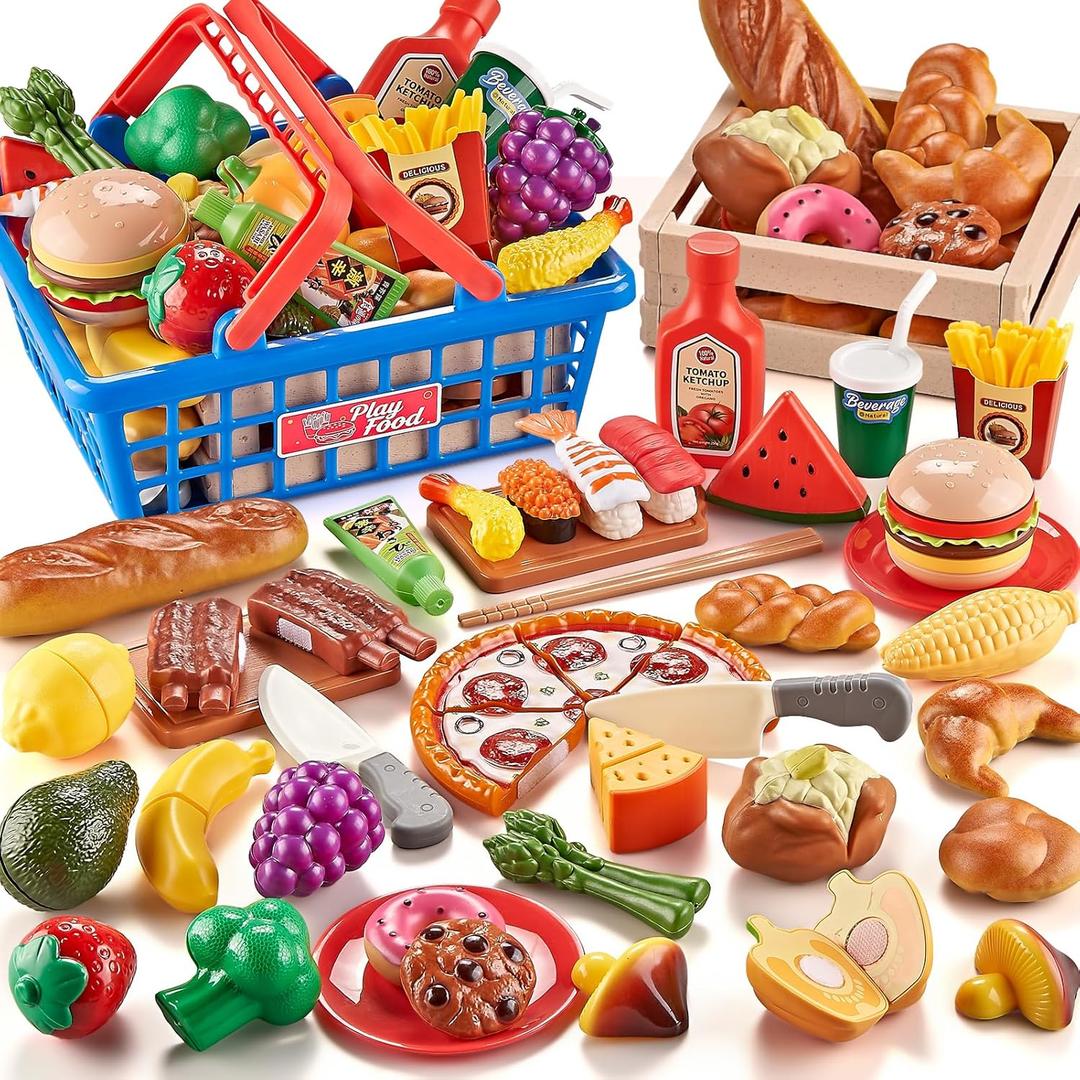 Play Food Sets for Kids Kitchen, Global Cuisine Toddler Cutting Fake Food Toys Including Pizza, Sushi & Bakery , Pretend Toy Food & Play Kitchen Accessories with 2 Baskets, Ideal Gift for Boys Girls