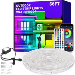 Outdoor LED Strip Lights Waterproof,66ft Outdoor Lights with App/Remote Control, IP68 Waterproof, Music Sync led Lights for Bedroom,Patio, Eave, Halloween Decorations