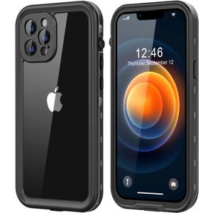 for iPhone 12 Pro Max Waterproof Case with Built-in Screen Protector, Shockproof Dustproof Full Body Protective IP68 Waterproof Phone Case for iPhone 12 Pro Max 6.7 inch (Black/Clear)