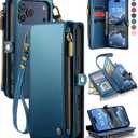 Defencase Compatible with iPhone 17 Pro Case Wallet with RFID Blocking Card Holder for Women Men, Fashion PU Leather Magnetic Snap Flip Zipper Strap Wallet Phone Case for iPhone 17 Pro 6.3", Dark Blue