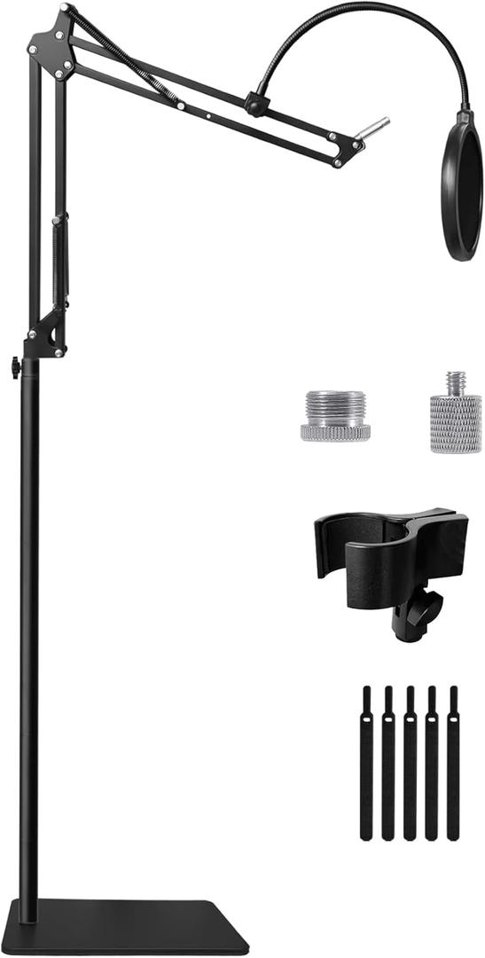 Mic Stand Floor Boom Arm for Blue Yeti, Nano, Snowball, HyperX QuadCast, SM7B MV7, Fifine K688 and More Mic, Floor Microphone Stand with 3/8" to 5/8" 1/4" Screw, Pop Filter Mic Clip Cable Ties