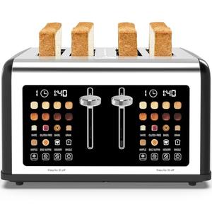 4 Slice Toaster Touch Screen, Stainless Steel Toasters Digital Timer, Dual Control Panel Toasters, 8 Shade Settings 6 Bread Types for Bagel, Cancel, Defrost 1650W Black