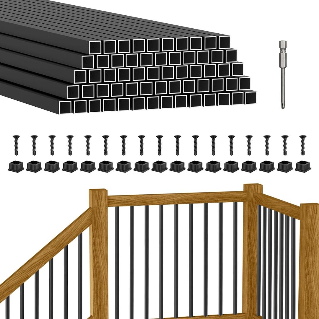 BLIKA 60 Pack 32" Square Aluminum Deck Balusters, 3/4" Black Aluminum Deck Spindles with Anti-UV Black Baluster Connectors, Hollow Metal Balusters for Wood and Composite Deck Porch Railing System