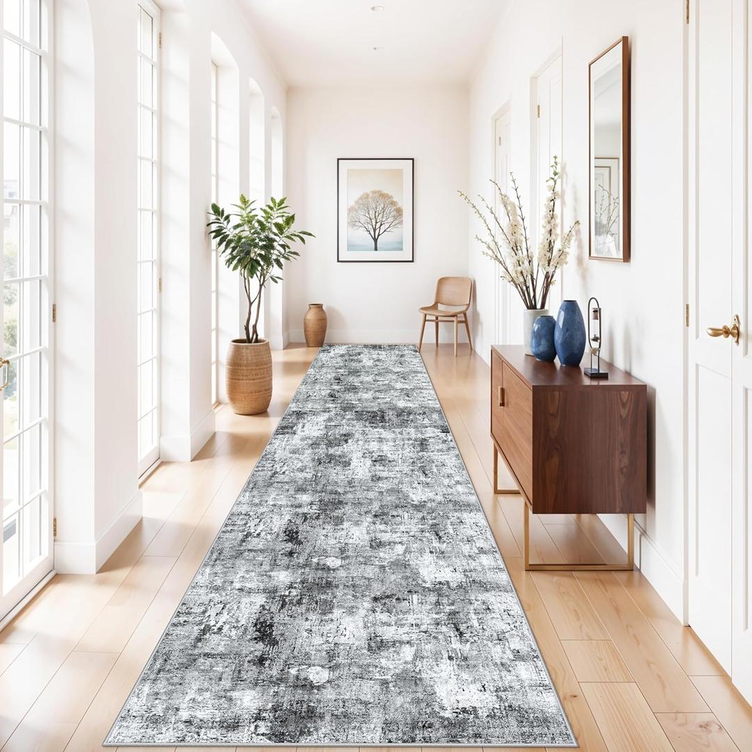 3x15 Ft Long Hallway Runner Rug - Non-Slip Washable Kitchen Runner Rug with Rubber Backing | Modern Abstract Wide Floor Carpet Runner for Indoor Entryway, Bedroom, Living RoomGrey