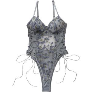 Lilosy Women Sexy Lace Up Floral Embroidered Teddy Babydoll Lingerie Bodysuit Top Mesh Sheer One Piece See Through Grey, X-Large