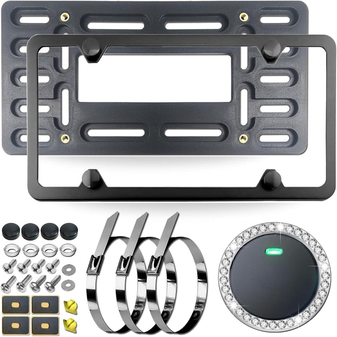 Front License Plate Bracket Holder Mounting Kit- Black Aluminum Frame & Plastic Bumper Car Tag Adapter with Copper Thread, with Screws Caps and Stainless Steel Zip Ties