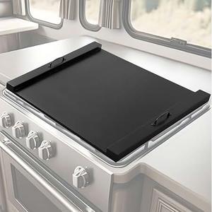 Maxdot Rv Stove Top Cover Board Wood Noodle Board Camper Stove Top Cover Countertop Cutting with 5 Pcs Adjustable Non-slip Rubber Feet Leg Juice Groove for Trailer Gas Burner Kitchen(Black)