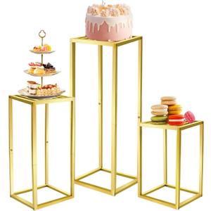 TUSPEU Cylinder Pedestal Stands for Party & Plant,3pcs Square Gold Metal Wedding Flower Display Stand for Centerpieces,15.7/23.6/31.5 inch Tall