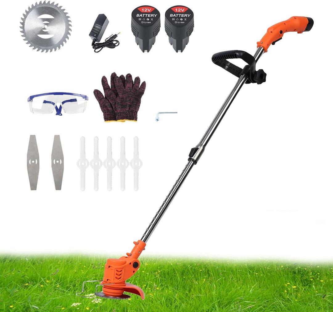 Cordless Weed Wacker 12V | 18000RPM 450W Electric Grass Eater for Lawn Mowing, Telescopic Handle Weed Grass Eater with 3 Types Blades, Gloves&Goggles