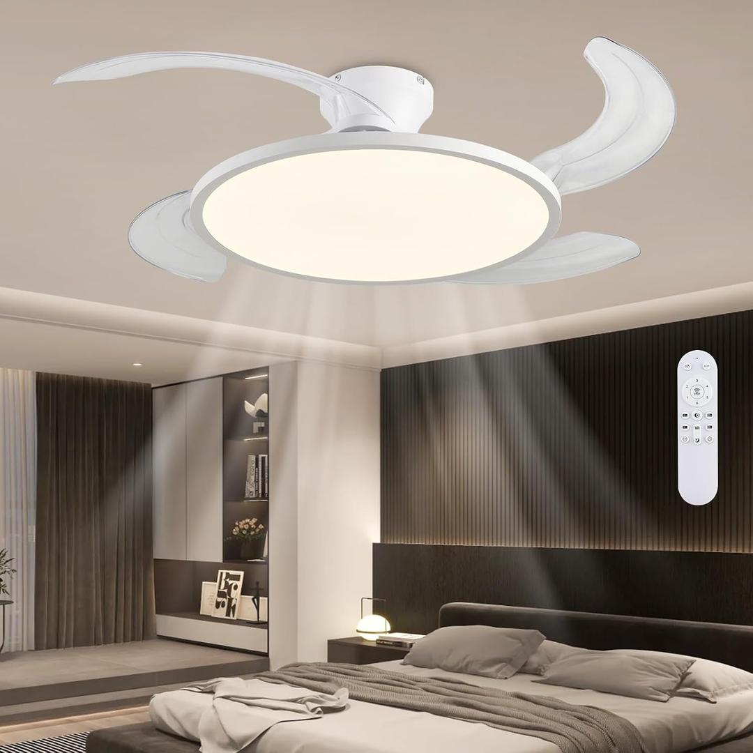 Retractable Ceiling Fan with Lights,42 Inch Low Profile Ceiling Fan with Remote Control,Retractable Blades,Dimmable Full Spectrum,Modern Fandelier for Bedroom Living Room Dinning Room,White