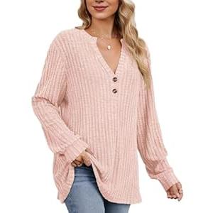 V Neck Sweaters for Women Long Sleeve Tunic Tops Knitted Casual Loose Pullover Sweaters (Small, Pink)