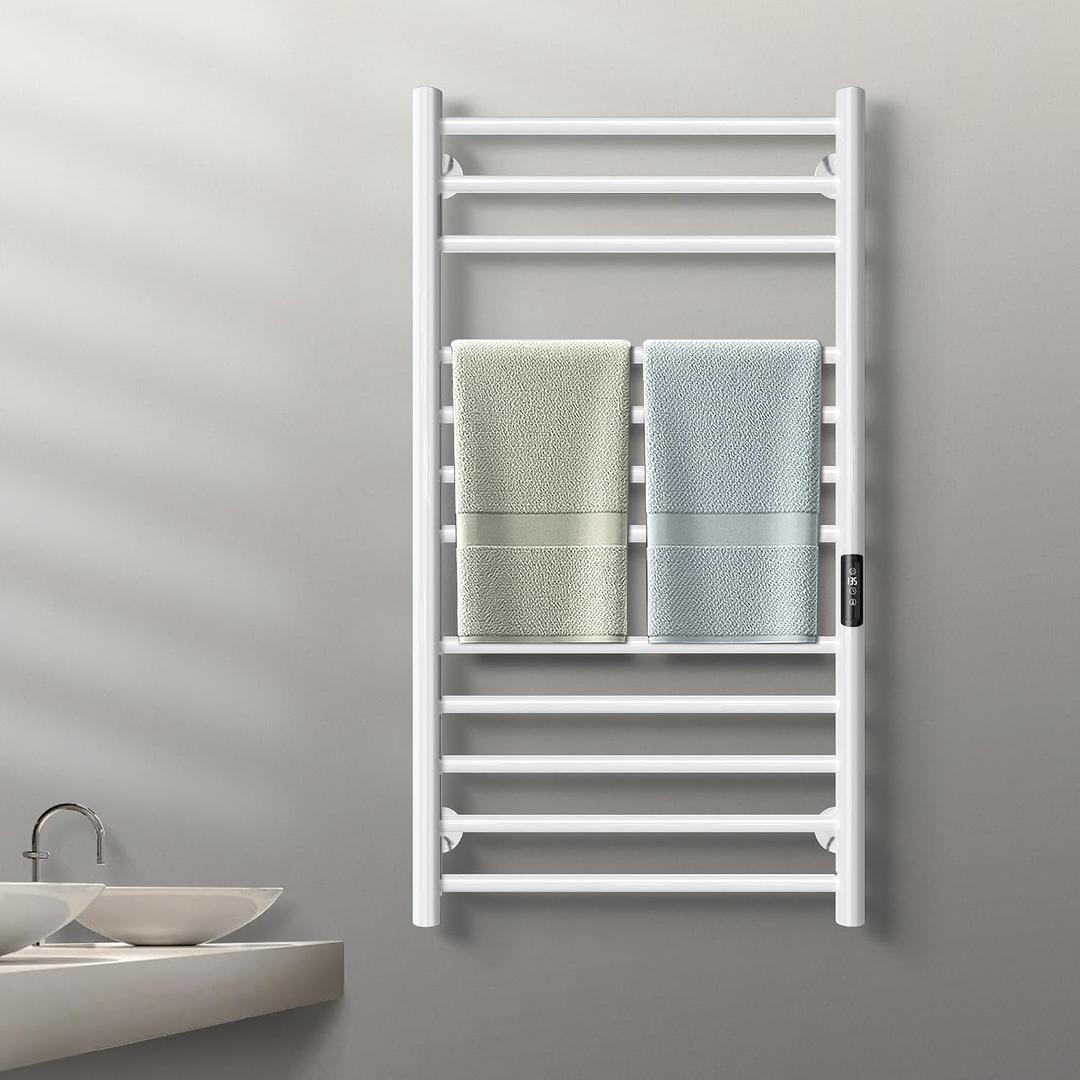 Poloma Wall Mounted Towel Warmer Rack for Bathrooms, Electric Heated Towel Rack Heater, Stainless Steel 12Bars White.