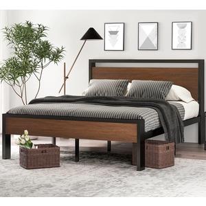 14 Inch Queen Size Metal Platform Bed Frame with Wooden Headboard and Footboard, Mattress Foundation, No Box Spring Needed, Large Under Bed Storage, Non-Slip Without Noise, Walnut