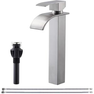 Tall Bathroom Vessel Sink Faucet, Brushed Nickel Tall Waterfall Single Handle 1 Hole Bathroom Vessel Sink, Bowl Wash Basin Lavatory Vanity Faucets with Pop-up Drain