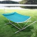 SUPERJARE Hammock with Stand, 2 Person Heavy Duty Hammock with Padded Cotton, Detachable Pillow & Strong Curved-Bar & Portable Carrying Bag, Perfect for Outdoor & Indoor, Sky Blue