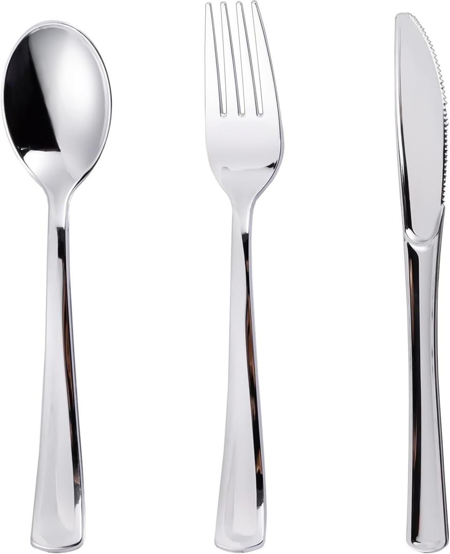 N9R 120PCS Silver Plastic Silverware, Silver Plastic Cutlery Set Disposable Flatware Dinnerware -60 Forks, 30 Spoons, 30 Knives for Wedding, Party, Birthday and Daily Use