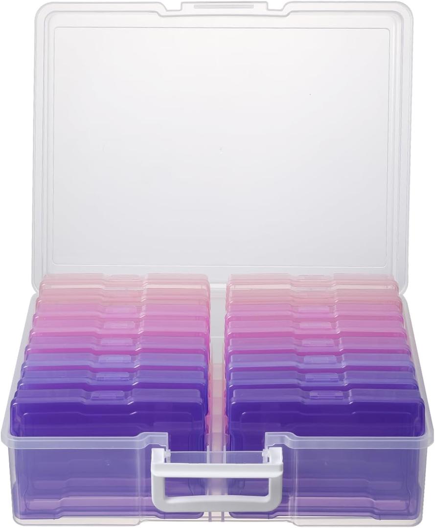 novelinks Transparent 4" x 6" Photo Cases and Clear Craft Keeper with Handle, 16 Inner Photo Organizers & Photo Storage Box, Plastic Photo Storage Containers (Pink Purple Gradient)