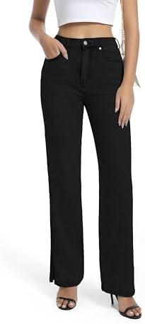 Guaile Womens Jeans High Waisted Stretchy Straight Leg Split Hem Jeans for Women Trendy Classic Denim, Size 14