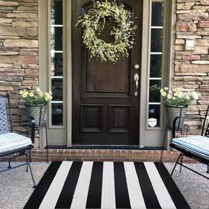 Black and White Striped Outdoor Rug 27.5X 43 inches Front Door Mat Hand-Woven Cotton Indoor/Outdoor for Layered Mats,Welcome Mat, Porch,Farmhouse,Kitchen,Entry Way