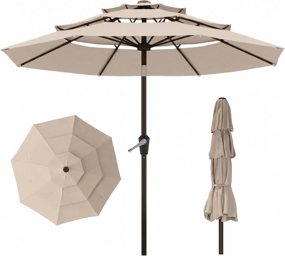 10ft 3 Tier Patio Umbrella, Outdoor Market Table Umbrella with UPF 50+ Vented Canopy, 8 Sturdy Ribs, Easy Push Button Tilt and Crank, Windproof for Deck, Pool, Backyard and Garden