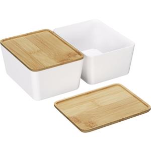 CHANCETSUI Stackable Storage Bins lids For Office: 5X7 White Storage bins, Office Desk Accessories Storage Containers with Lids, Stackable Bins for Home and Office Organization, bamboo Lid, 2 Pack