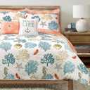 Lush Decor Coastal Reef Feather Reversible Quilt Set, 7 Piece Set Full/ Queen Blue & Coral - Queen Bedding Set Quilted - Coastal Decor - Beach House - Beachy Room