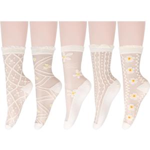 Benefeet Sox Sheer Socks Women Girls Crystal Glass Lace Socks Ankle Thin Summer Sock Transparent See Through Mesh Sock (One Size, 5 Pair-frilly White Sakura Flower)