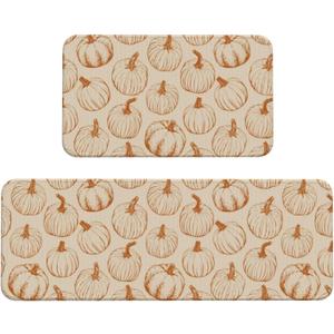 Fall Kitchen Mat Sets of 2 Burnt Orange Cream Pumpkin Autumn Kitchen Rugs for Floor Home Decor Thanksgiving Harvest Decoration Low-Profile Mats,17x29 and 17x47 Inch