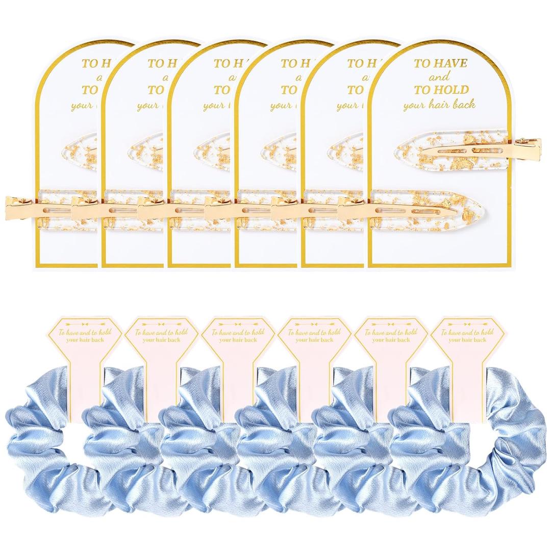 12 PCS Silk Satin Soft Blue Hair Accessories - Bridesmaid Proposal Favors with Hair Clips, Scrunchies, and Bridal Shower Gifts for Women and Girls