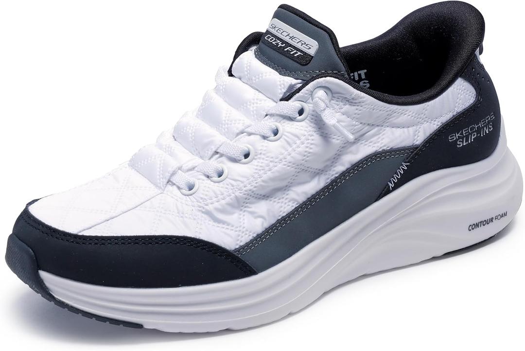 Skechers Women's Contour Foam Cozy FIT Hands Free Slip-INS Sneaker, White/ Black, 8.5 Wide