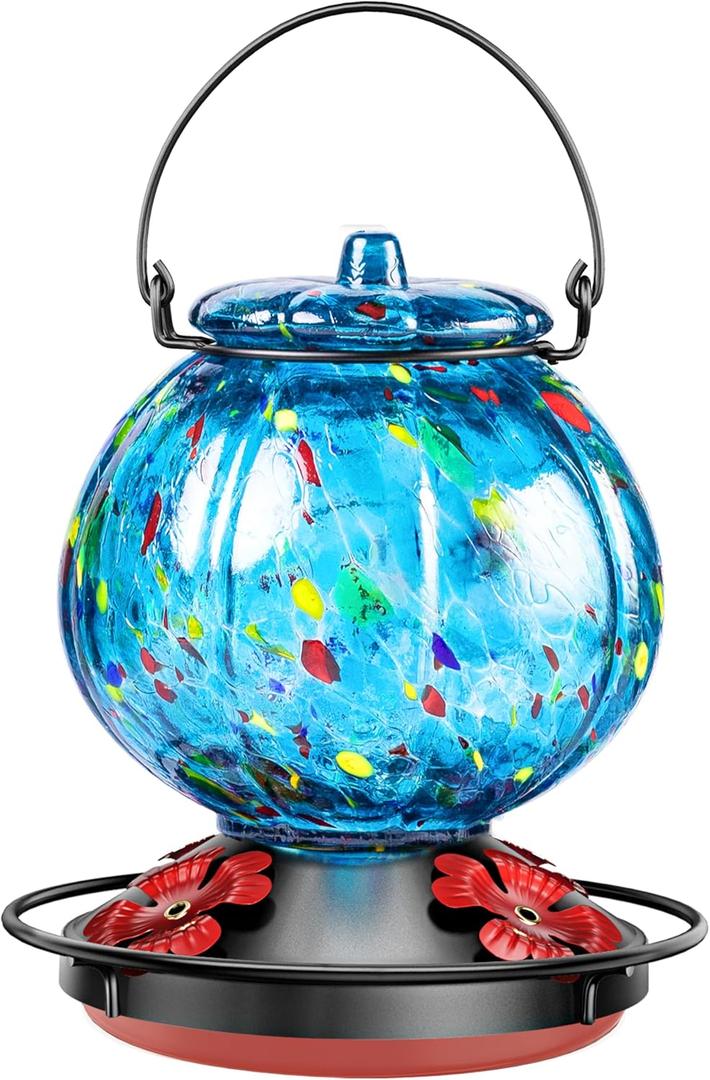 Hummingbird Feeder for Outdoors  Hand Blown Blue Glass Bird Feeder, Leakproof, Easy to Fill & Clean, 25 Ounces, Colorful Spotted Pumpkin Shape Decorative Hanging Gift for Her