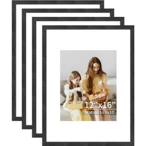 12x16 Picture Frame Set of 4, Displays 8x10 with Mat or 12x16 Without Mat, Photo Frames for Wall Hanging or Tabletop, Includes HD Plexiglass, Black