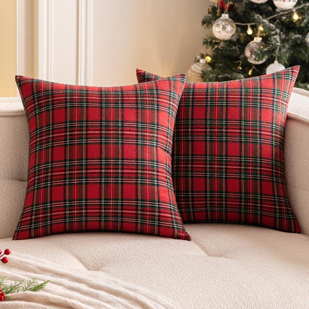 Woaboy Christmas Set of 2 Scottish Tartan Throw Pillow Covers Farmhouse Classic Plaid Decorative Couch Pillows Home Decor for Sofa Living Room Bed 18x18 Inch, Red