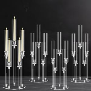 4 Sets 5 Arms Acrylic Candelabra Centerpieces for Tables,Clear Candle Holder for Wedding,Ceremony Dinner Party, 27" Tall Candlestick Holders with Lampshade,Fit LED Candle