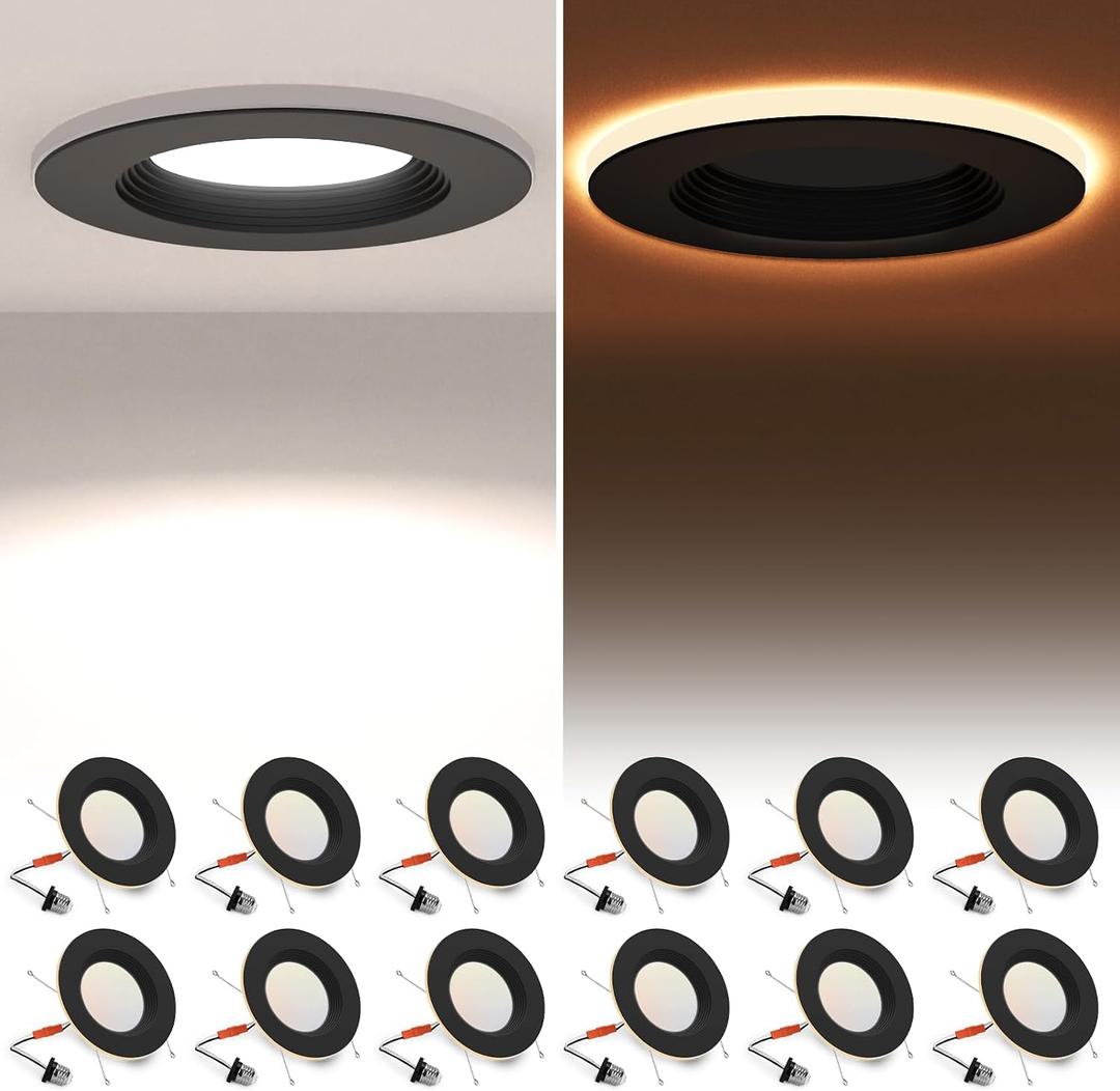POWERASIA 12 Pack Black 5/6 Inch LED Can Lights with Night Light, 5CCT Retrofit Recessed Lighting Selectable 2700K-6000K Dimmable, 12W=75W, 1200LM Downlight with Metal Smooth Trim-ETL and Energy Star