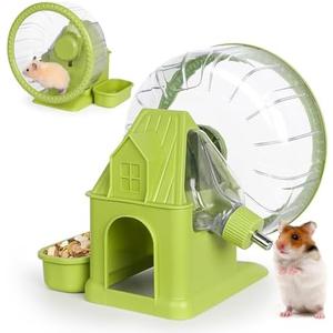 VANNON 4 in 1 Quiet Hamster Exercise Wheel, Multi Functional Hamster House with Running Wheel, Water Bottle, Food Bowl and Hideout, Small Animals Exercise Running Toys for Hamsters Gerbils Mice, Green