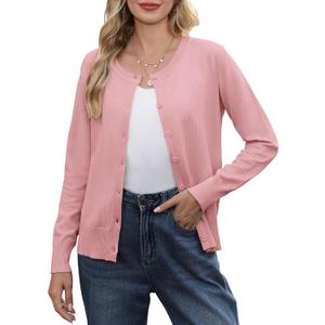 Bettysays Women's Lightweight Button Down Cardigan Casual Long Sleeve Crew Neck Soft Knit Cardigans Sweater (L)