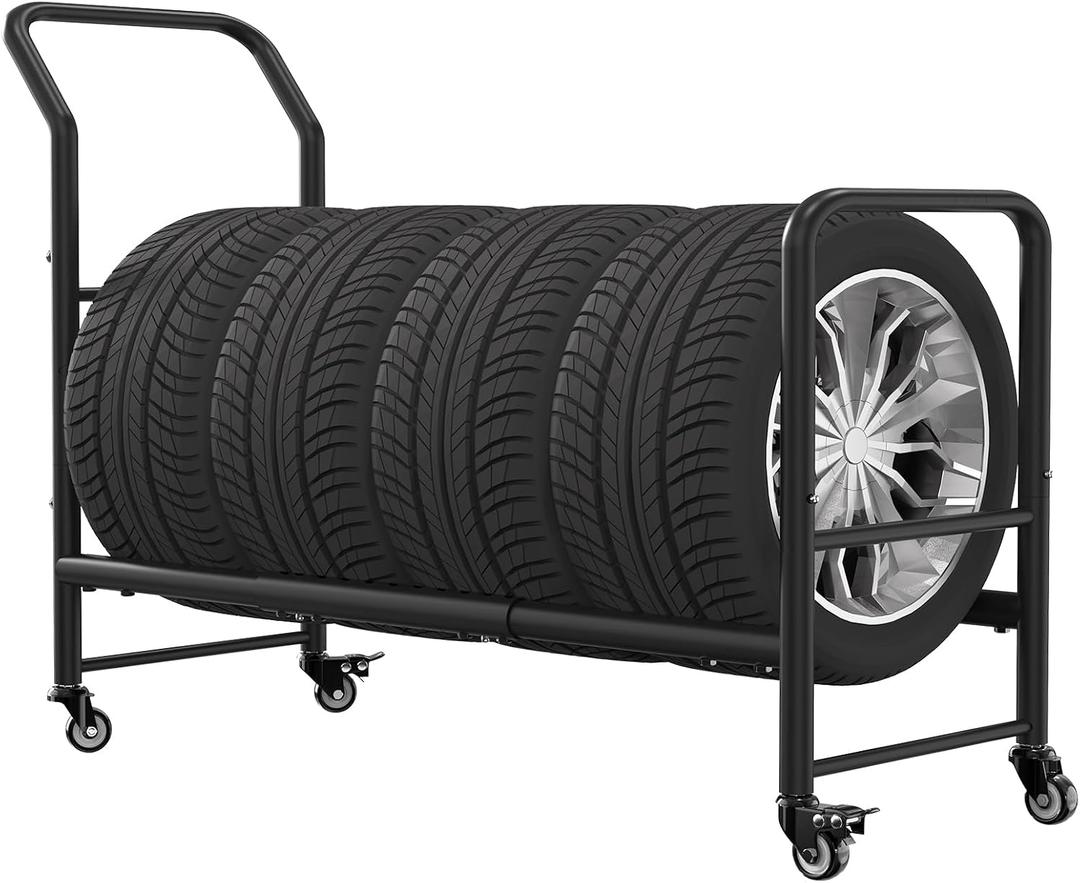 Rolling Tire Rack, 2 in 1 Metal Tire Storage and Transport Trailer, 43.3x34x13.7 Inch Heavy Duty Tire Stand, Mobile Tire Storage Rack Cart with 4 Wheels for Home Garage, Auto Repair Shop, Tire Shop