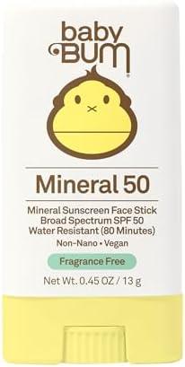 Sun Bum Baby Bum Mineral SPF 50 Sunscreen Stick - Hawaii 104 Act Compliant (Without Octinoxate & Oxybenzone) - UVA/UVB Face and Body Protection - Unscented for Sensitive Skin - Travel Size 0.45 Oz