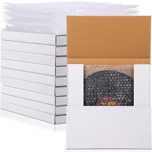 10 Sets Vinyl Record Mailers 12.6 x 12.6 x 1" Shipping Boxes Easy Fold Album Corrugated Cardboard Box with Fragile Stickers and Bubble Bags for Packing Shipping Moving Storage(White)