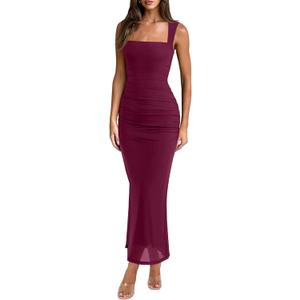 REORIA Summer Wedding Guest Maxi Dresses for Women Sleeveless Square Neck Sheer Mesh Ruched Bodycon Long Dress Trendy Clothes, Small