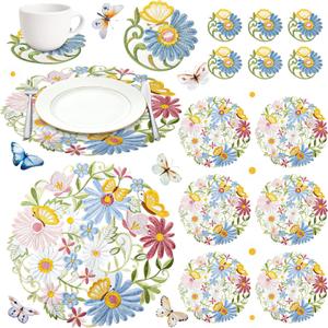 Tudomro 12 Pcs 14 Inches Spring Floral Daisy Embroidered Placemats and Coaster Set of 6 Double Layer Round Table Placemats Washable Daisy Mats for Holiday Wedding Party Festival Dinner Decorations