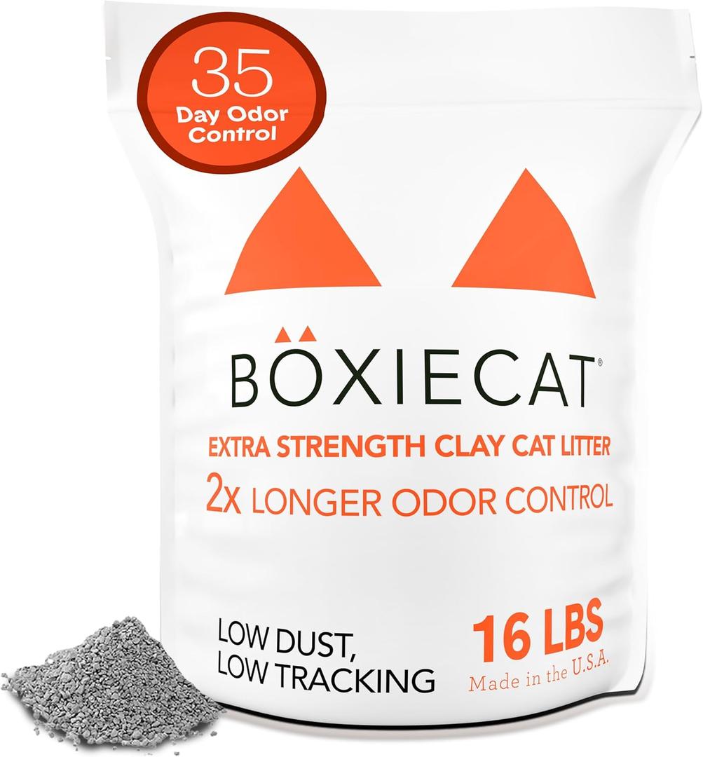 Boxie Extra Strength 35 Day Odor Control Clumping Clay Cat & Kitty Litter 16lb, 99.9% Dust-Free, Probiotic Formula, Long-Lasting, Veterinarian Approved, Easy Scooping for Multi-Cat Homes