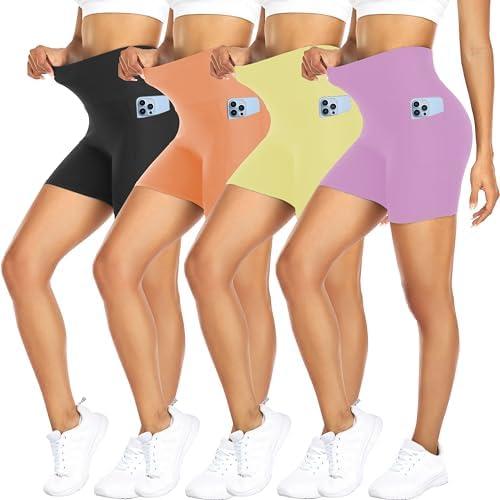 FULLSOFT 4 Pack Biker Shorts for Women with Pockets – 5" High Waisted Tummy Control Workout Yoga Running Gym Tennis Shorts Large