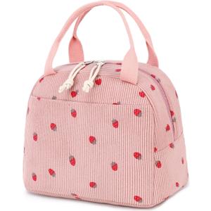Bluboon Lunch Bag for Women Men Cute Corduroy Lunch Tote Bags Reusable Insulated Lunch Box Large Capacity Reusable Insulated Cooler for Work Picnic or Travel (Corduroy strawberry pink)