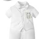 Newborn Baptism Outfits Gentleman Bowtie Romper White Wedding Outfit Cake Smash Christening Jumpsuit (6-9 Months, Short Silver)