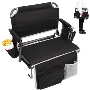 FUNDANGO Portable Stadium Seats with Back Support, Folding 2 in 1 Wide Bleacher Chair with Large Pocket and Cup Holder for Sport Events Concerts (1 Pack Black)