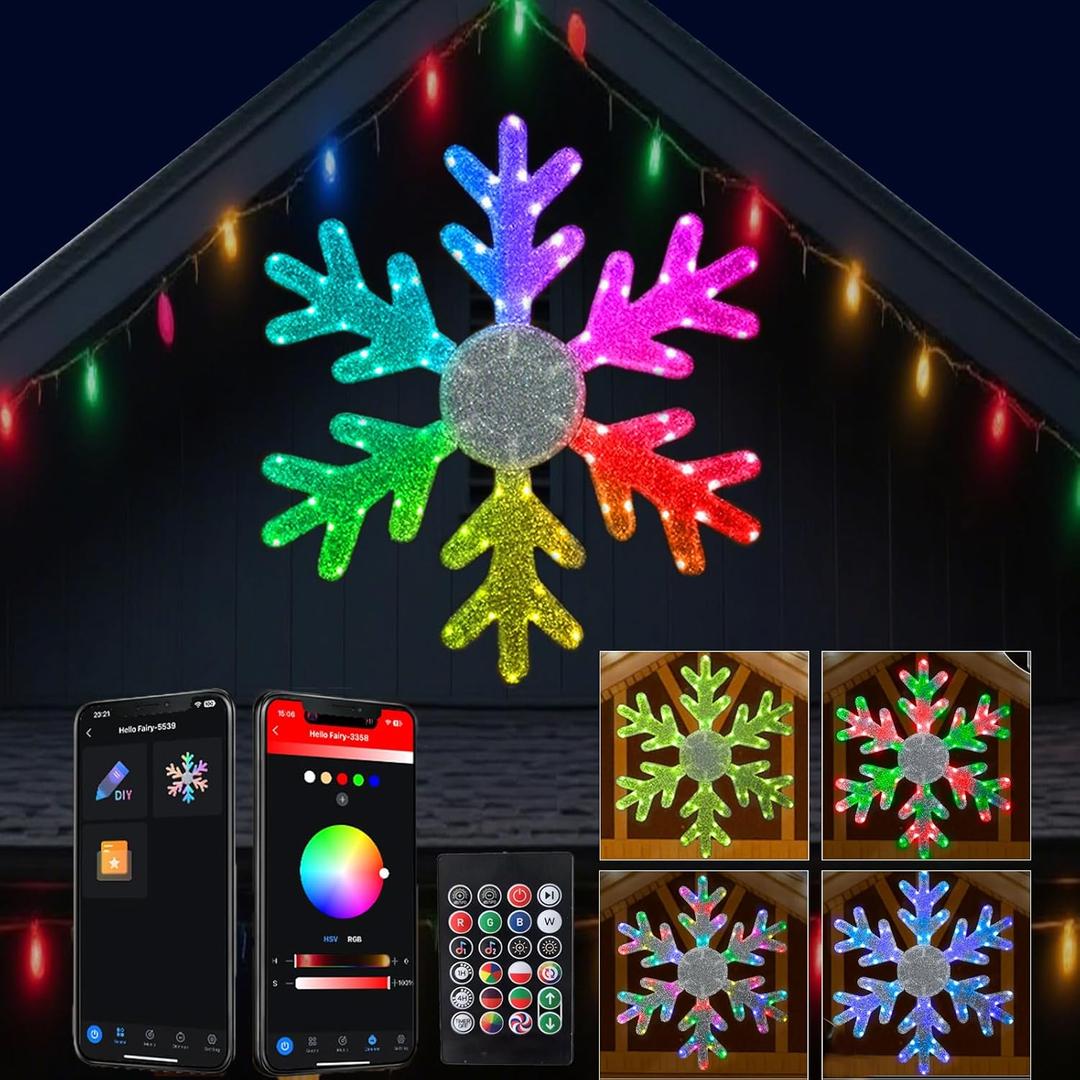 36in Large RGB Hanging Snowflake Lights Outdoor, Christmas Color Changing Snow Flakes Eaves Lights, App/Remote Control, Group Control, Timer, Dimmer, Festive Decor for Porch Wall Garage Door Decor