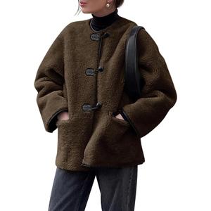 Cicy Bell Womens Faux Fur Jacket Fuzzy Coat Long Sleeve Button Front Warm Winter Outerwear with Pockets, Large