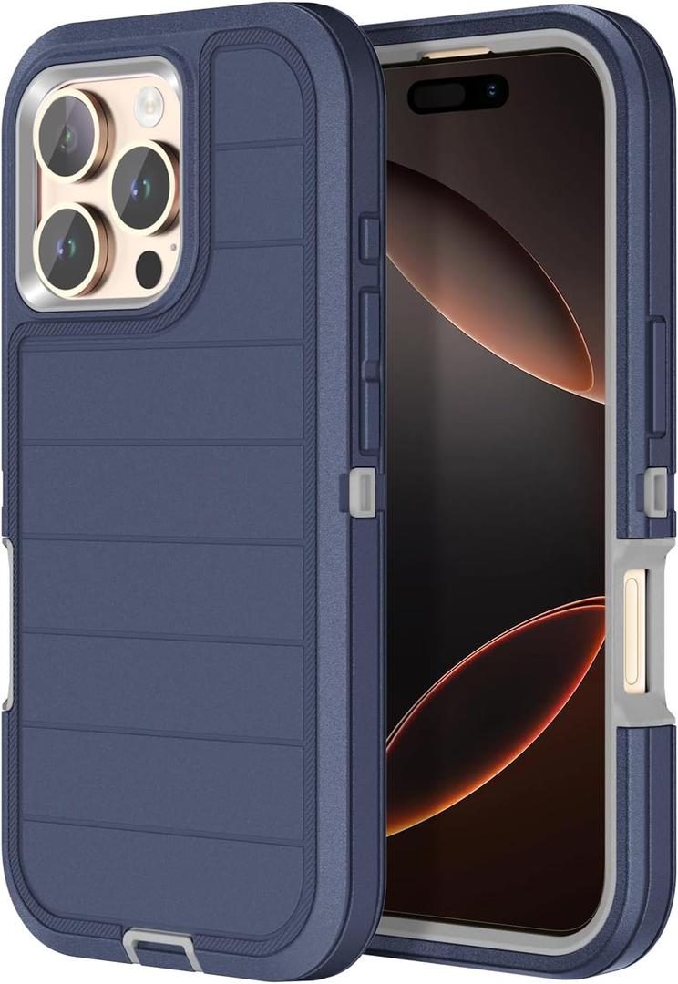 for iPhone 16 Pro Case Heavy Duty 3-Layer[Shockproof][Dropproof][Dust-Proof] Military Grade Rugged Full Body Protection Cover Case for Apple iPhone 16 Pro 5G 6.3 inch,Navy Blue/Grey